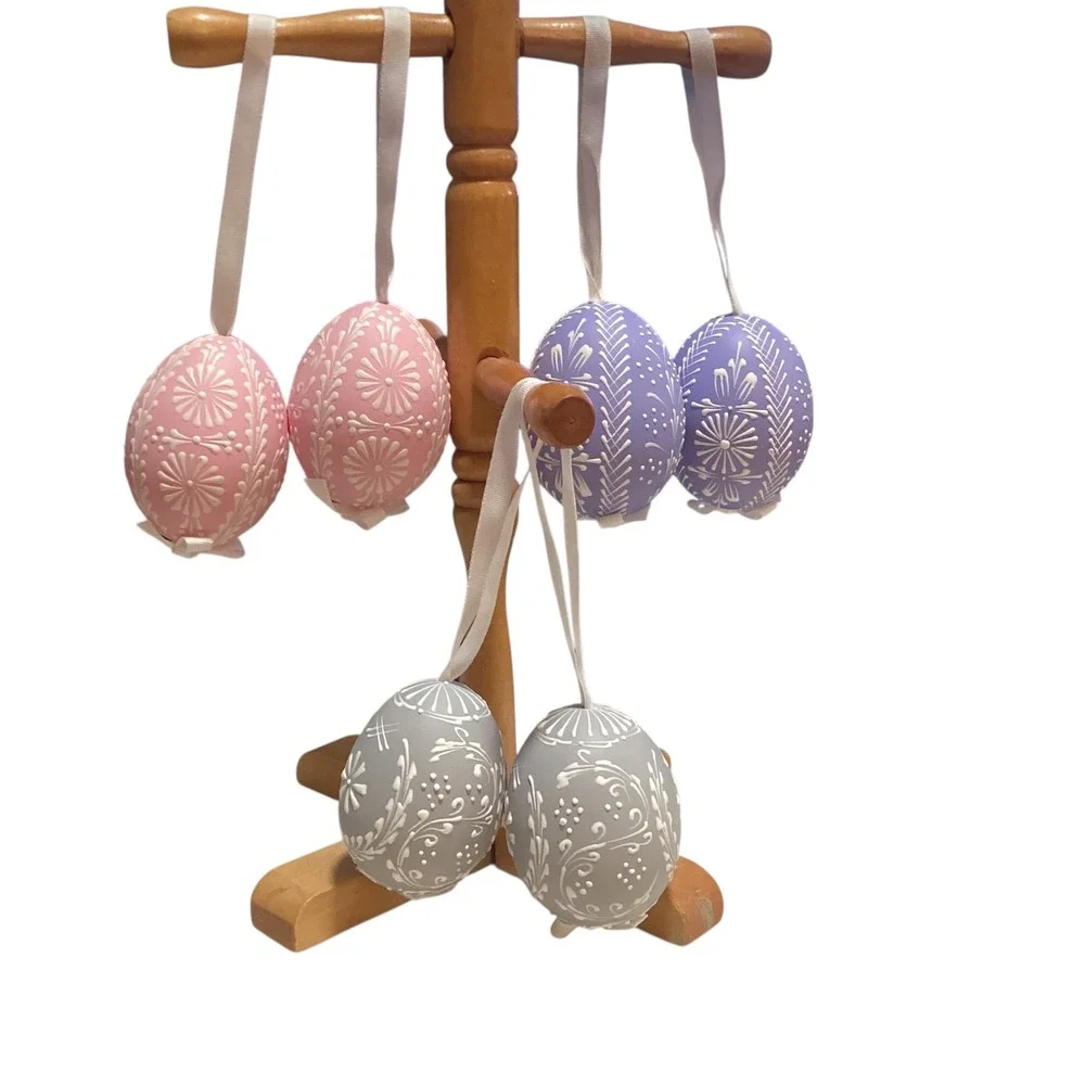 Set of 6 Easter Ornaments Pink Purple Gray Decorative Eggs Hanging Ribbons